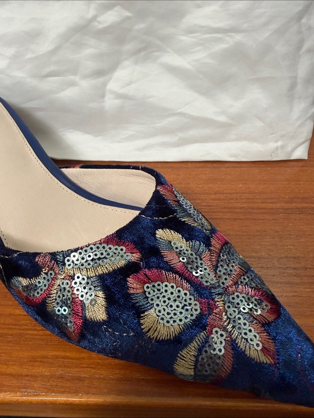 CECILIA NEW YORK Navy Embroidered Sequin Pointed Toe Mules - Picture 7 of 7